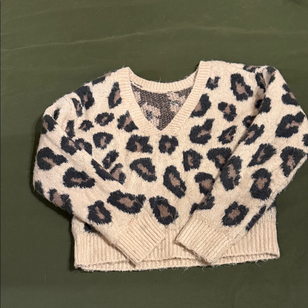 PINK Victoria's Secret Cream and Black Leopard V-Neck Sweater